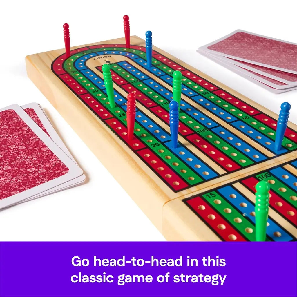 Angled view of the wooden Cribbage board with colorful scoring pegs and red-backed playing cards, illustrating a head-to-head strategy game setup with vibrant, easy-to-follow tracks.