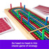Angled view of the wooden Cribbage board with colorful scoring pegs and red-backed playing cards, illustrating a head-to-head strategy game setup with vibrant, easy-to-follow tracks.
