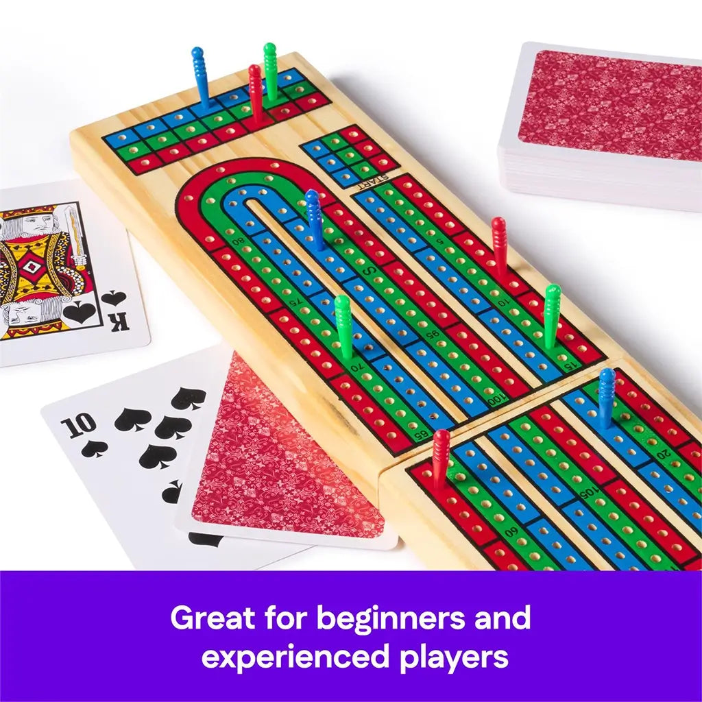 Wooden Cardinal Classics Cribbage board with red, blue, and green tracks, featuring colorful pegs and playing cards beside it, emphasizing that the game suits beginners and experienced players.
