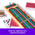 Wooden Cardinal Classics Cribbage board with red, blue, and green tracks, featuring colorful pegs and playing cards beside it, emphasizing that the game suits beginners and experienced players.