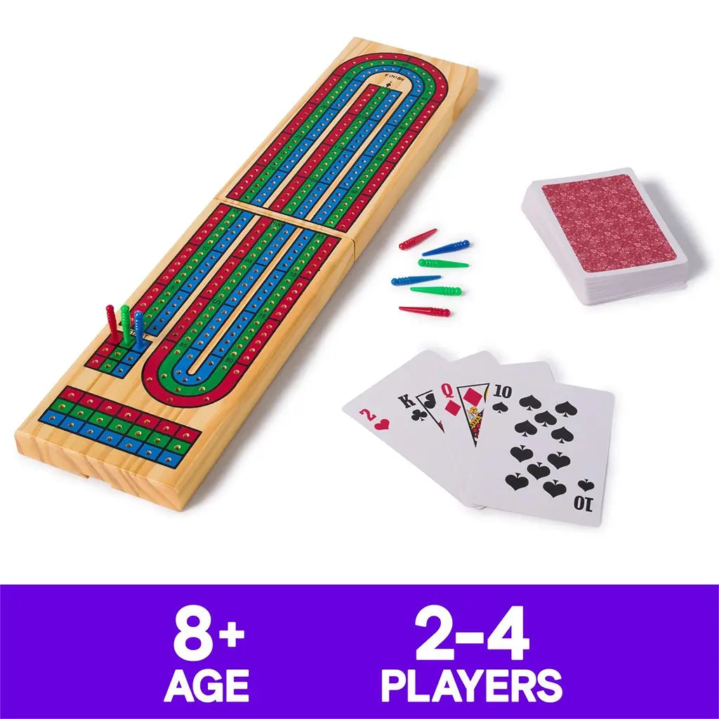 Complete Cardinal Classics Cribbage game set with a folding wooden board, red-backed card deck, and multicolored pegs, shown with age and player details for accessibility.
