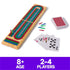 Complete Cardinal Classics Cribbage game set with a folding wooden board, red-backed card deck, and multicolored pegs, shown with age and player details for accessibility.