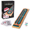 Full view of the Cardinal Classics Cribbage set showing the game’s packaging, folding wooden board, playing cards, and colored scoring pegs for 2–4 players aged eight and older.