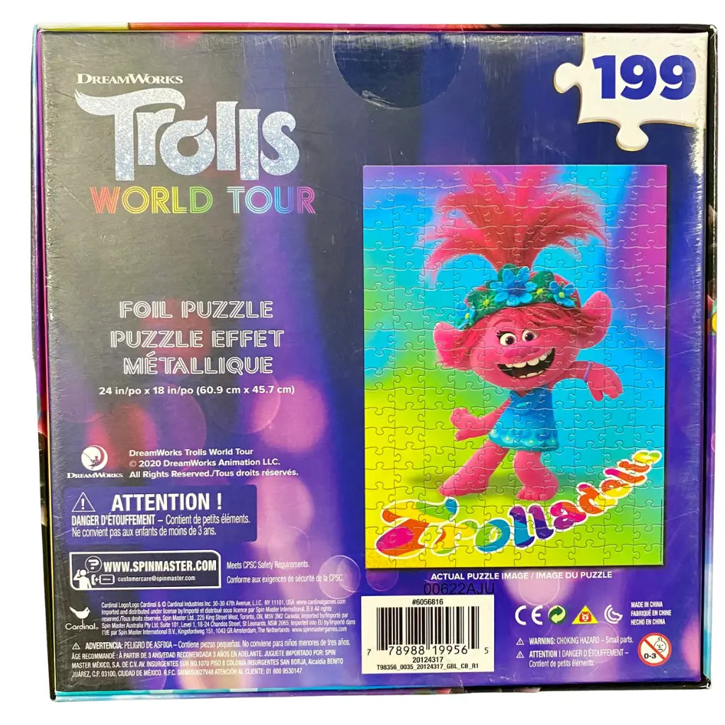 DreamWorks Trolls World Tour foil puzzle box back showing 199-piece design, with image of Poppy smiling in a blue dress and flower crown, set against a bright rainbow-colored background.