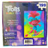DreamWorks Trolls World Tour foil puzzle box back showing 199-piece design, with image of Poppy smiling in a blue dress and flower crown, set against a bright rainbow-colored background.