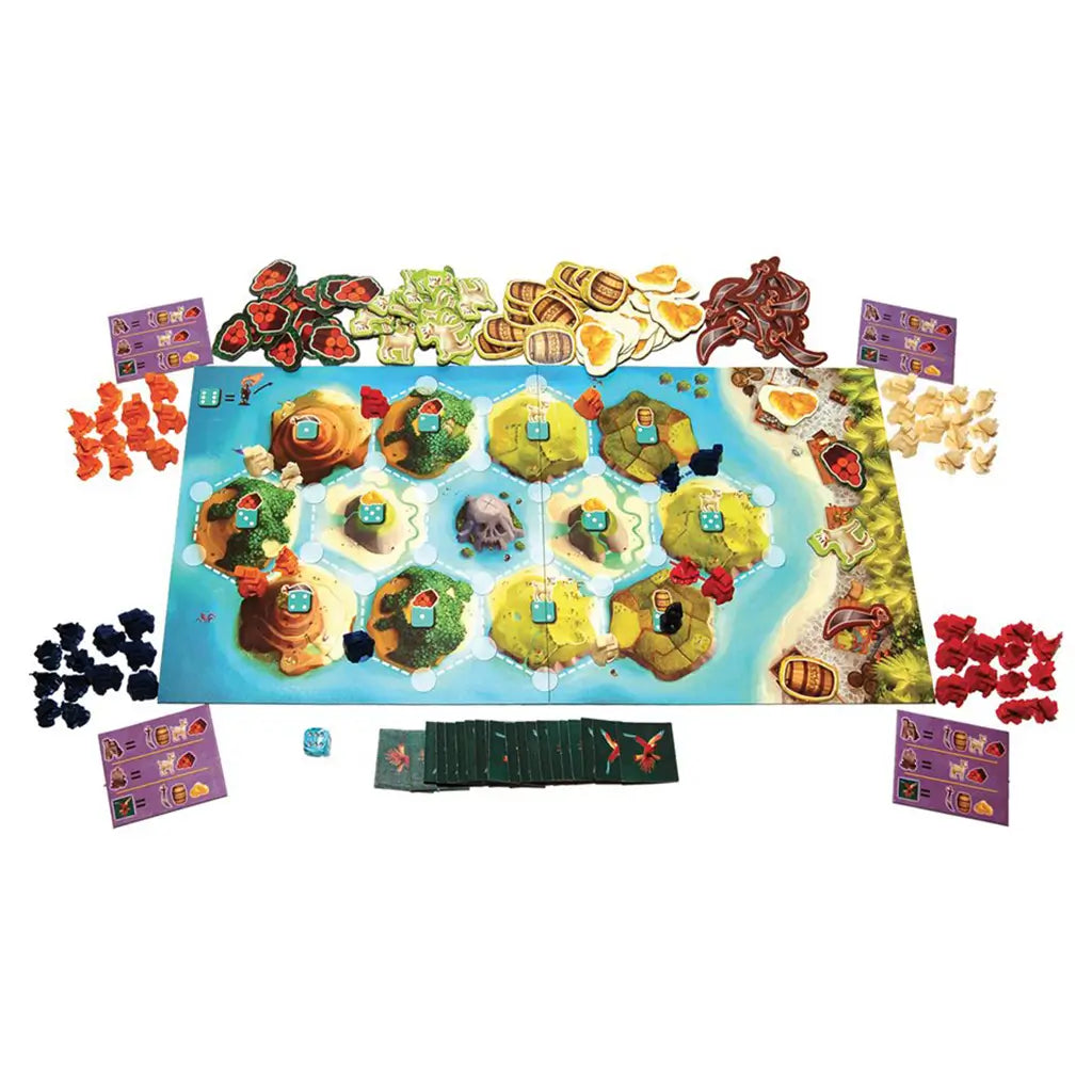 Catan Junior board game components feature a colorful island map with hexagonal areas, red, orange, blue, and white player pieces, resource tokens, cards, and a die.