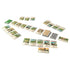 CATAN On the Road 120-card set displays illustrated settlement, road, knight, resource, and bonus cards in organized groups with three card decks on a white background.