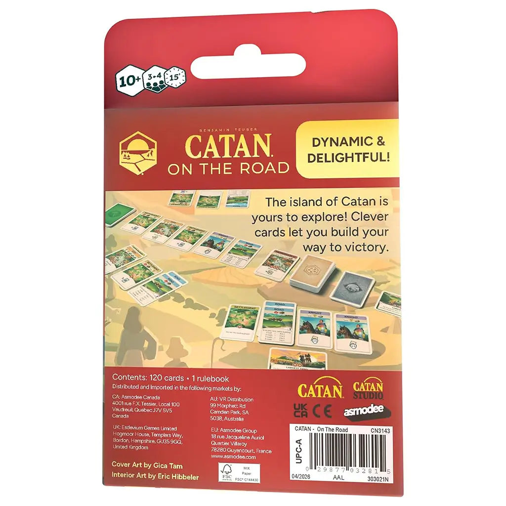 CATAN On the Road package back features red cardboard packaging with a game setup image, product details for 120 cards, age 10+, 3–4 players, and a 15-minute playtime.