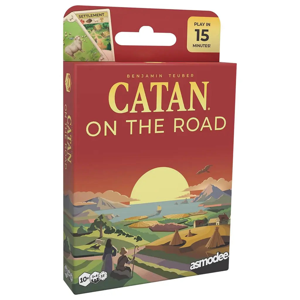 CATAN On the Road card game features red cardboard packaging with yellow title lettering, a stylized island sunset landscape, age 10+ icons, and Asmodee branding.