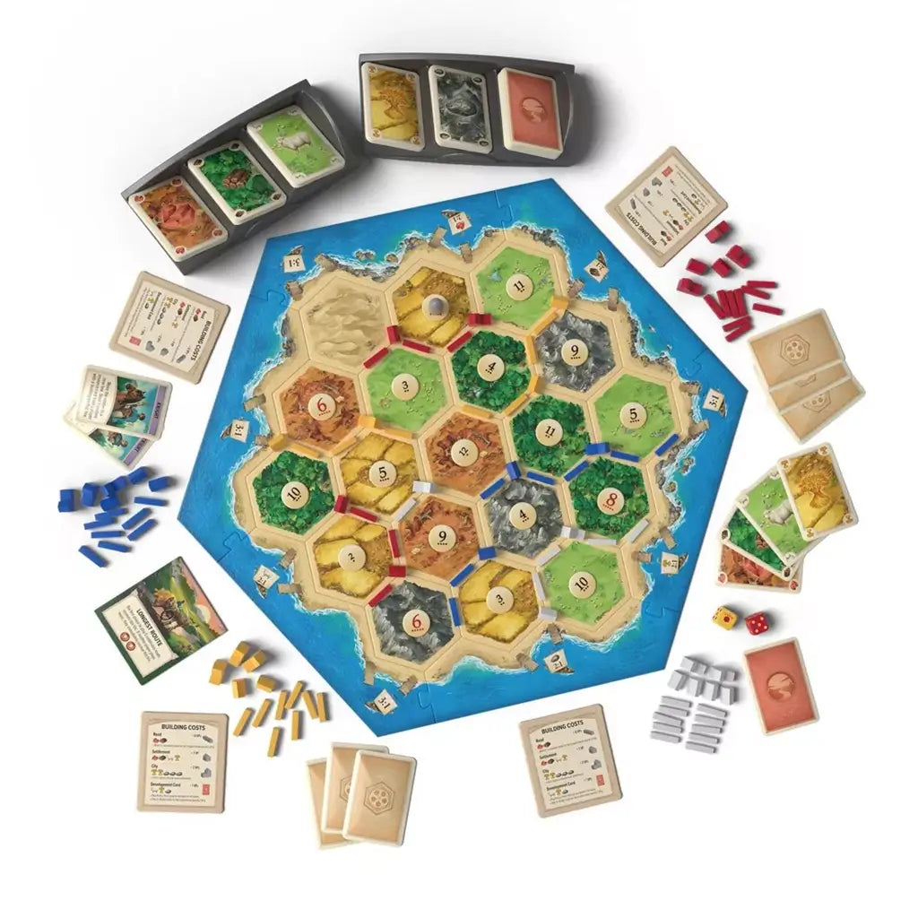 Catan 6th Edition board game components feature a colorful hexagonal island board surrounded by red, blue, yellow, and white pieces, resource cards, dice, and player aids.