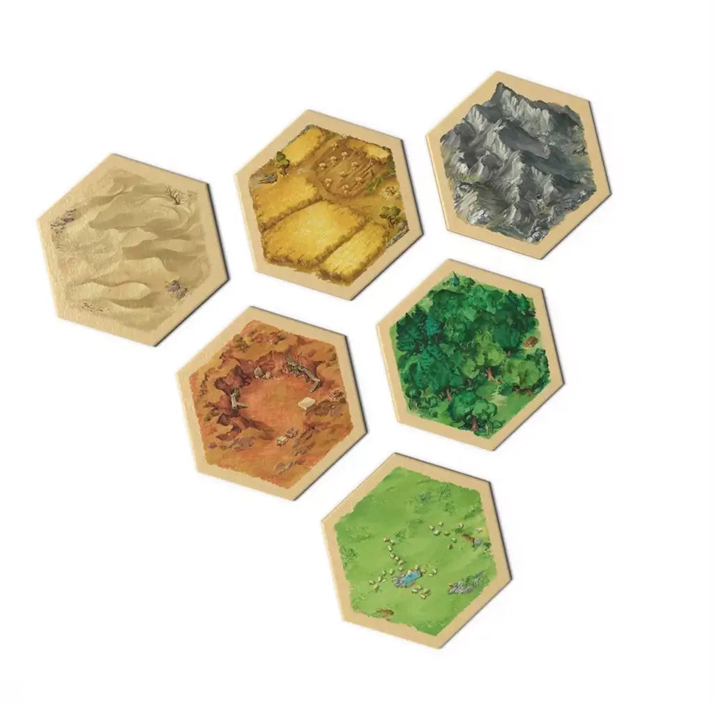 Catan 6th Edition modular board tiles feature six beige-edged hexagons illustrating desert, wheat fields, mountains, brick hills, green forest, and sheep pasture on white.