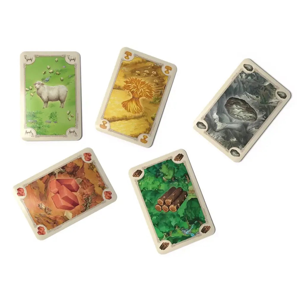 Catan 6th Edition resource cards feature five beige-bordered designs for sheep, wheat, ore, brick, and lumber, arranged separately on a clean white background.