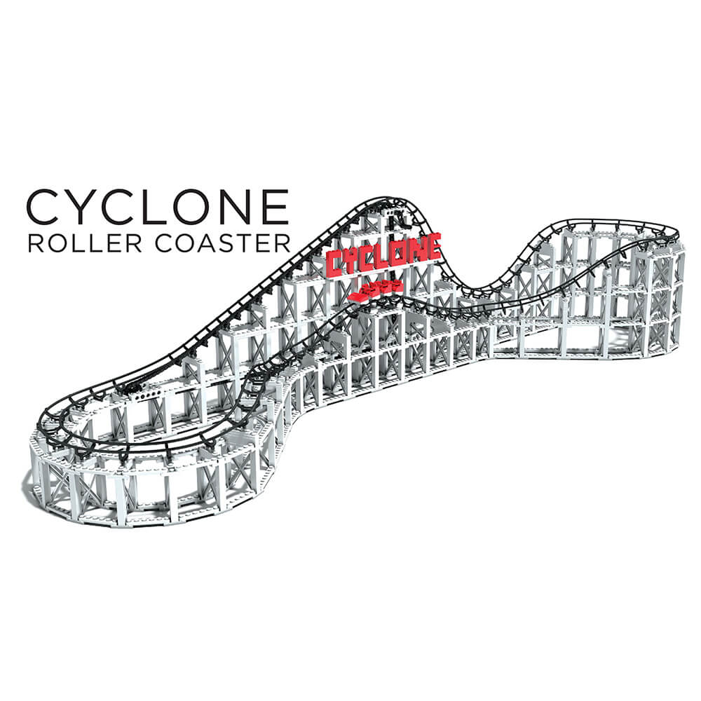 CDX Blocks The Cyclone Roller Coaster 900 Piece Building Kit featured with white support, black tracks, and red sign.