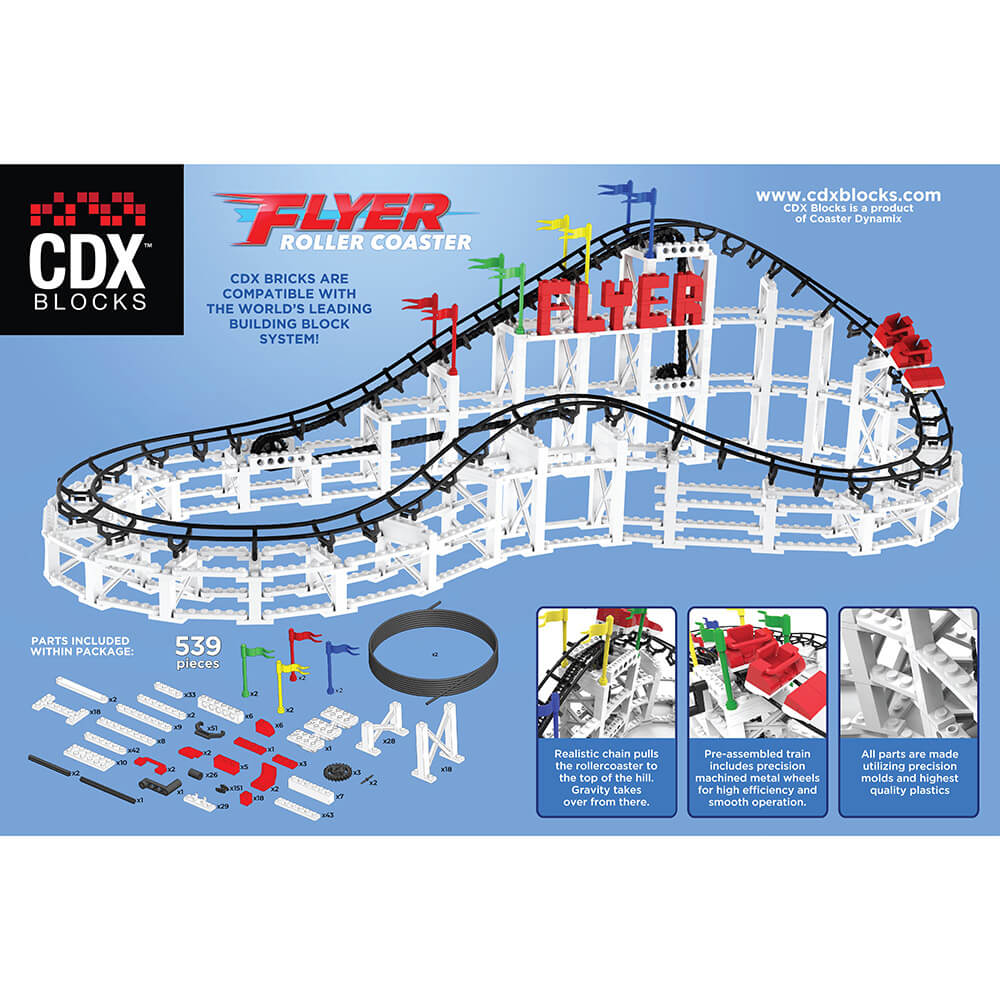 Back of the package for the CDX Blocks The Flyer Roller Coaster 539 Piece Building Kit features included pieces.