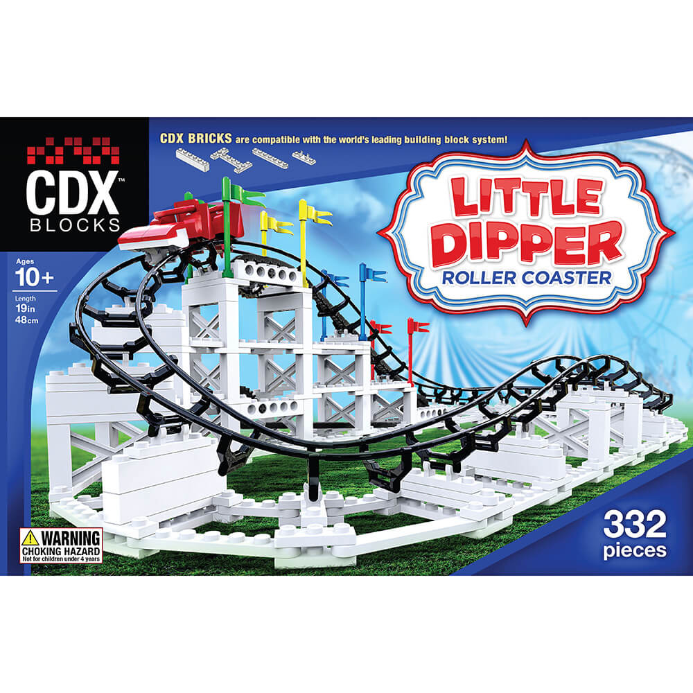 The Little Dipper Roller Coaster package from CDX Blocks. Features the front of the box. The tracks are black and the support is white.