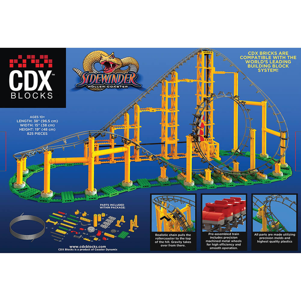 Back of the CDX Blocks The Sidewinder Roller Coaster 825 Piece Building Kit package.