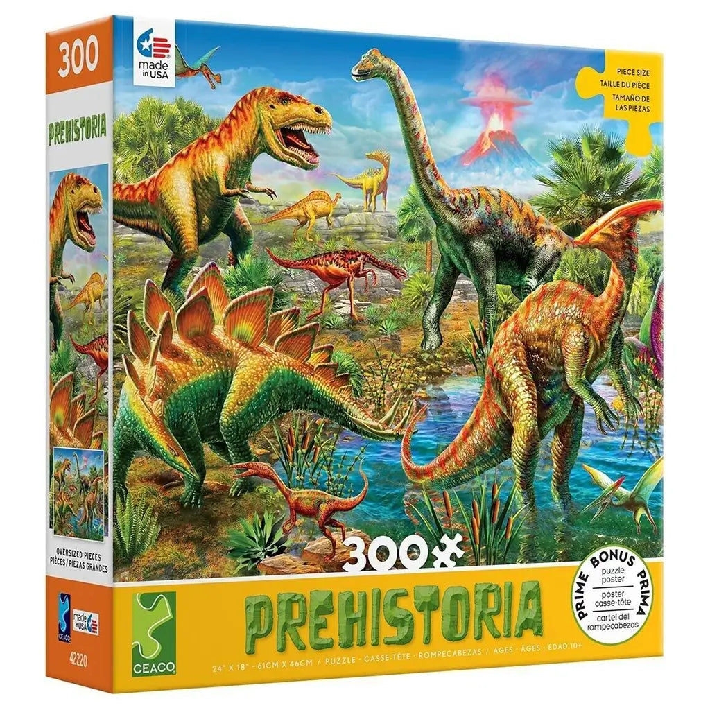 Ceaco 300-piece “Prehistoria” puzzle box showing vivid dinosaurs in a tropical landscape with palm trees, a glowing volcano, and a waterhole surrounded by lush greenery and prehistoric reptiles.