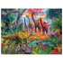 Ceaco Prehistoria puzzle design showing a lush, colorful prehistoric landscape with long-necked dinosaurs, ferns, palm trees, and small dinosaurs near a glowing water stream at sunset.