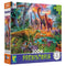 Ceaco Prehistoria 300-piece puzzle box featuring a vivid prehistoric jungle with colorful dinosaurs, lush tropical plants, and a bright orange sunset sky filled with flying pterosaurs.