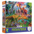 Ceaco Prehistoria 300-piece puzzle box featuring a vivid prehistoric jungle with colorful dinosaurs, lush tropical plants, and a bright orange sunset sky filled with flying pterosaurs.