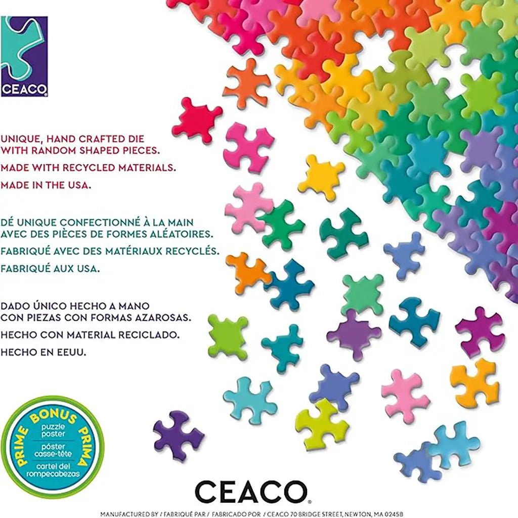 Back of Ceaco puzzle box with rainbow-colored jigsaw pieces and multilingual text highlighting recycled materials, handcrafted die cuts, and USA manufacturing.