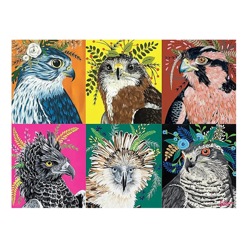 Ceaco Spring Whitaker puzzle artwork showing six colorful birds of prey, each with vibrant floral crowns against bright backgrounds of orange, yellow, red, pink, green, and blue.
