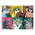 Ceaco Spring Whitaker puzzle artwork showing six colorful birds of prey, each with vibrant floral crowns against bright backgrounds of orange, yellow, red, pink, green, and blue.