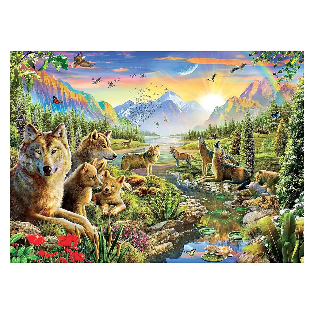 Detailed nature art of wolves and pups by a clear stream with water lilies and red poppies, set in a lush green valley framed by tall mountains, a rainbow, and flocks of birds flying at sunrise.
