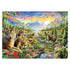 Detailed nature art of wolves and pups by a clear stream with water lilies and red poppies, set in a lush green valley framed by tall mountains, a rainbow, and flocks of birds flying at sunrise.
