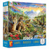 Ceaco 1000-piece “Wolves” puzzle box showing a family of wolves resting by a river surrounded by flowers, pine trees, and colorful mountains under a bright sunrise sky filled with birds and butterflies.