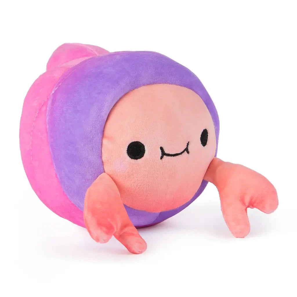 Side angle of a Cheeky Chonks Pinchy Keister plush toy featuring a crab design with pink claws and purple-pink shell, made with soft materials for kids and collectors.