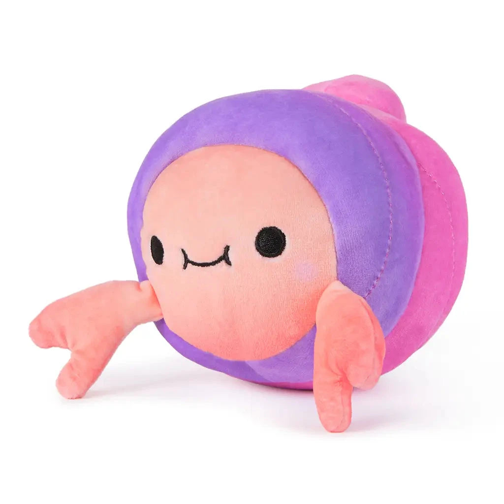 Angled view of 6-inch plush toy shaped like a smiling crab with purple body, pink shell, and soft claws, offering cuddly fun and reversible play for kids and fans.