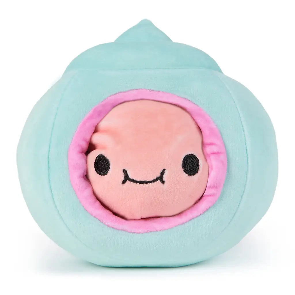 Reversible plush crab toy in soft aqua blue with a pink face peeking from the center, featuring a smiling expression and rounded top knot, perfect for interactive play.