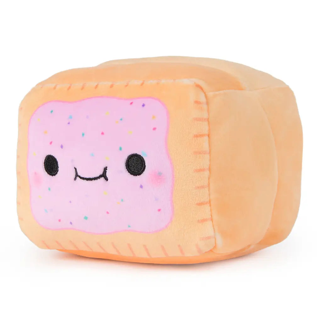 Front angled view of Poppin Booty Cheeky Chonks 6-inch plush with smiling pink frosted face and multicolor sprinkles, resembling a sweet breakfast treat.