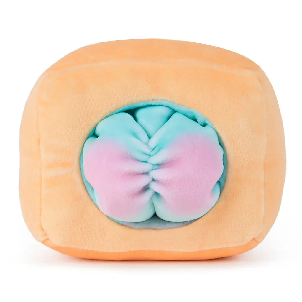 Rear view of Cheeky Chonks Poppin Booty 6-inch plush toy, showing pastel blue and pink soft plush cheeks in a peach-colored cube shape design.