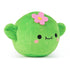 Side angle view of Cheeky Chonks Prickly Pants plush, shaped like a green cactus with stitched arms, pink cheeks, and a felt flower on its head.