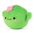 Angled front view of Prickly Pants plush from Cheeky Chonks, with a cute embroidered smile, pink cheeks, and soft green cactus design with a pink felt flower.