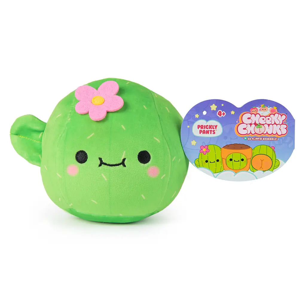 Cheeky Chonks Prickly Pants reversible 6-inch plush shown with product tag, featuring a round cactus character with smiley face and pink felt flower accent.