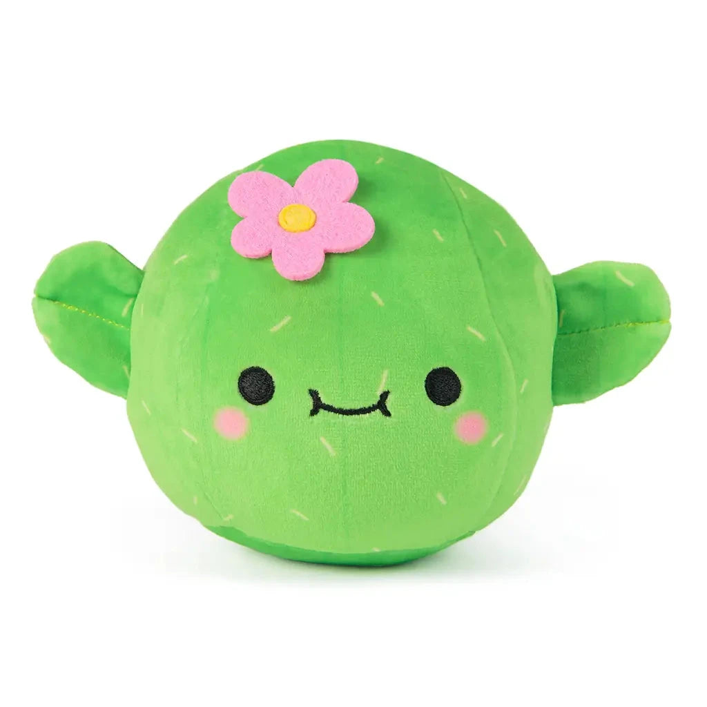 Front view of Cheeky Chonks Prickly Pants 6-inch plush toy, shaped like a cactus with blushing cheeks, smiling face, and pink flower on top.