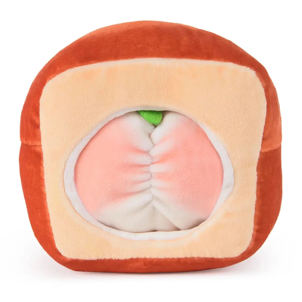 Rear view of Cheeky Chonks Rearly Garlicky 6-inch plush toy, showing soft peach and garlic clove detail inside a brown bread-like plush exterior.