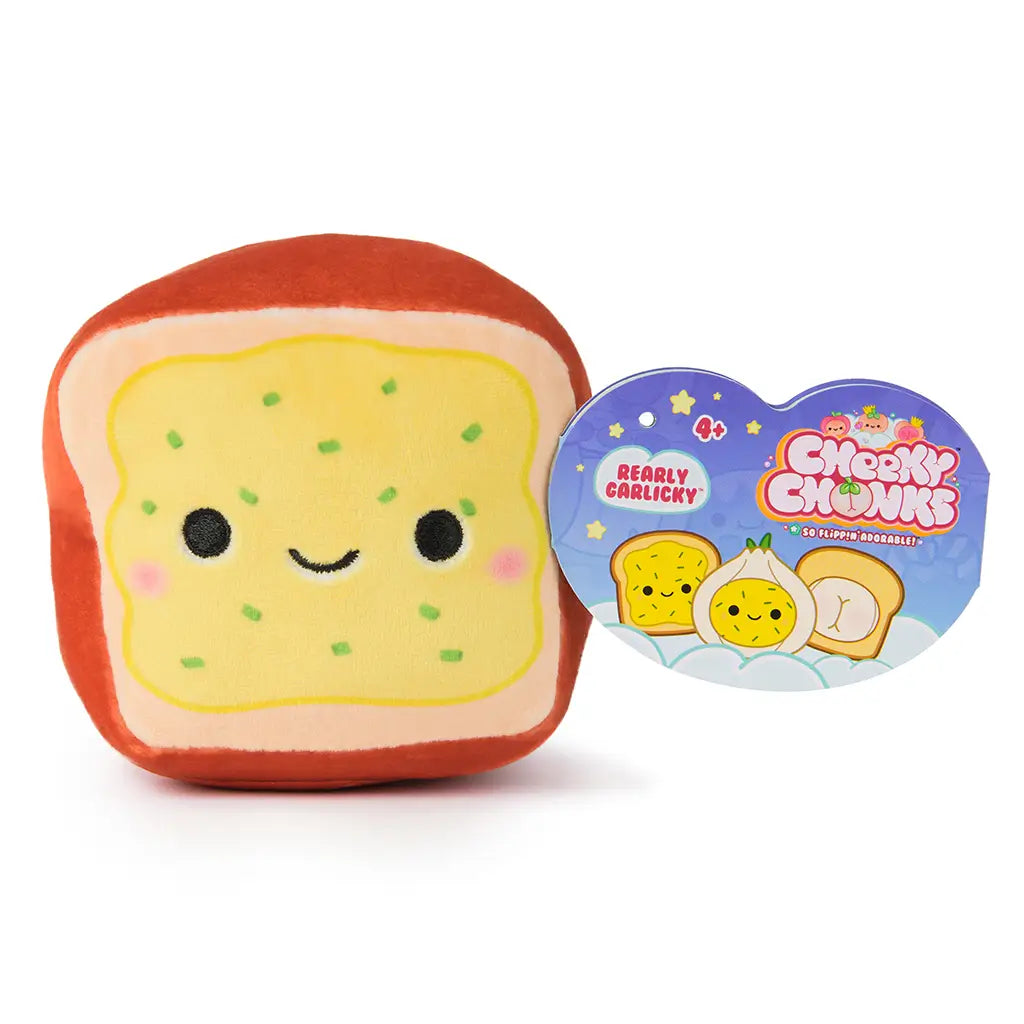 Cheeky Chonks Rearly Garlicky reversible plush toy shown with product tag, highlighting its cute garlic bread design and collectible branding for children ages 4 and up.