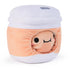 Side angle of a reversible plush toy featuring a dumpling face peeking through a soft orange and white tea cup with “Cheeky” embroidered and illustrated drink icons.