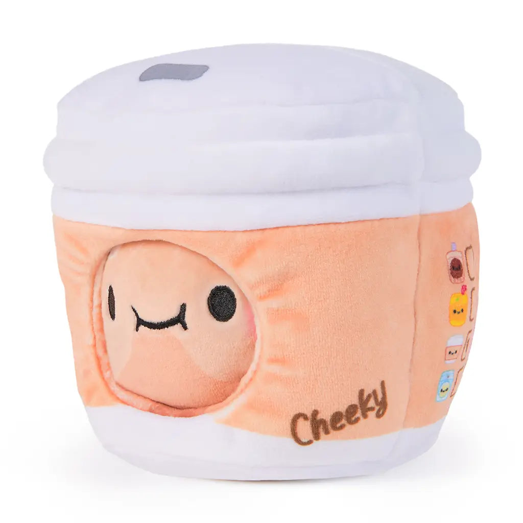 Front angle of a 6-inch reversible plush toy styled as a cute dumpling in a bubble tea cup with smiling face, white lid, and peach-colored soft fabric for cuddling.