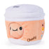 Front angle of a 6-inch reversible plush toy styled as a cute dumpling in a bubble tea cup with smiling face, white lid, and peach-colored soft fabric for cuddling.