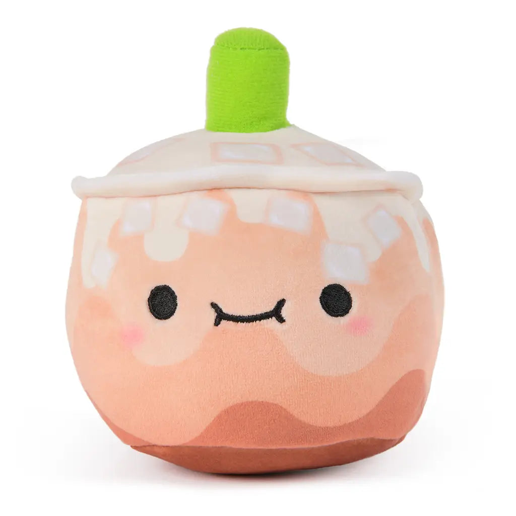 Reversed view of a reversible 6-inch plush toy shaped like a bubble tea cup with a cinched pink fabric rear and white plush lid, designed for kids and collectors.