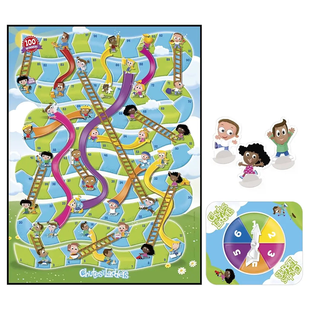 Chutes and Ladders kids board game components with bright blue, green, and yellow illustrated game board, cardboard pawns, spinner card, and playful child characters, designed for simple counting gameplay on a white background.