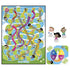 Chutes and Ladders kids board game components with bright blue, green, and yellow illustrated game board, cardboard pawns, spinner card, and playful child characters, designed for simple counting gameplay on a white background.