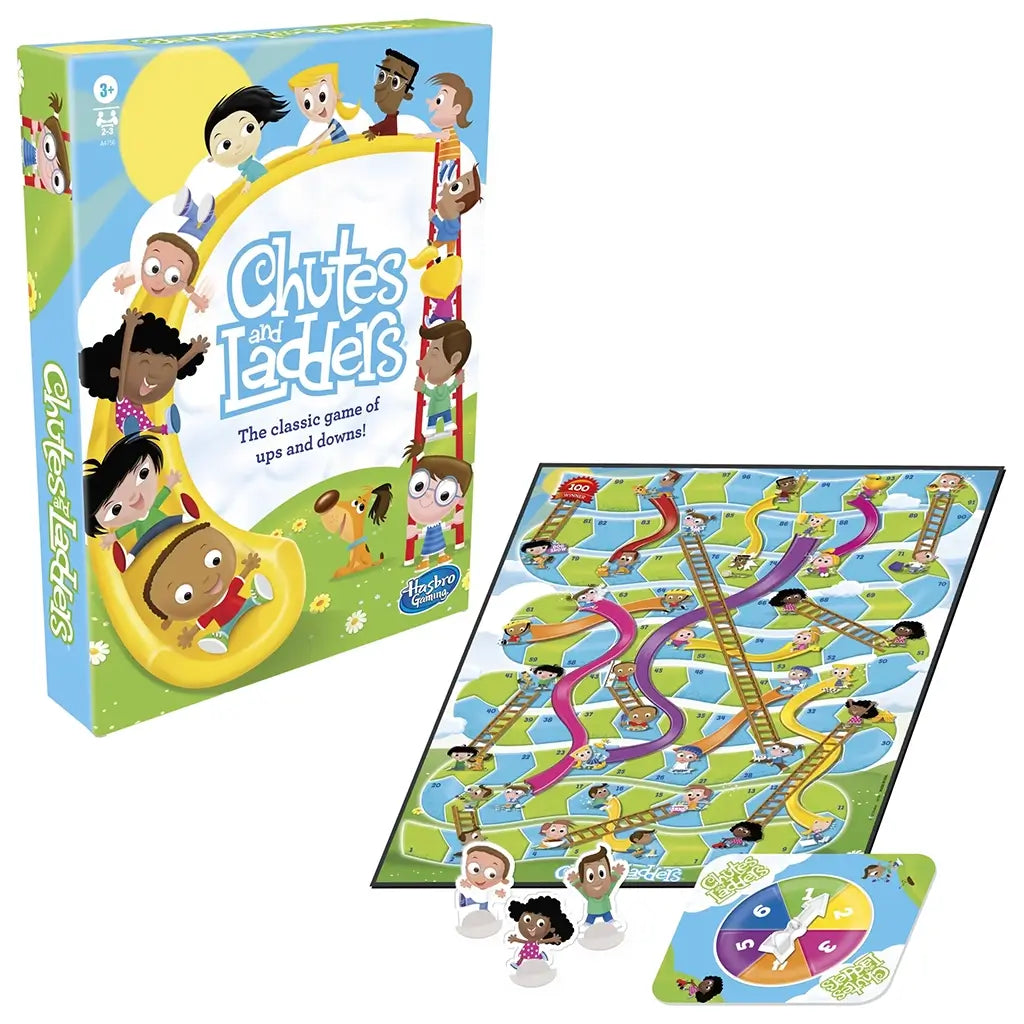 Chutes and Ladders classic kids board game set showing colorful square path board with slides and ladders, cartoon children illustrations, spinner, and pawns, laid out beside the game box on a clean white background.