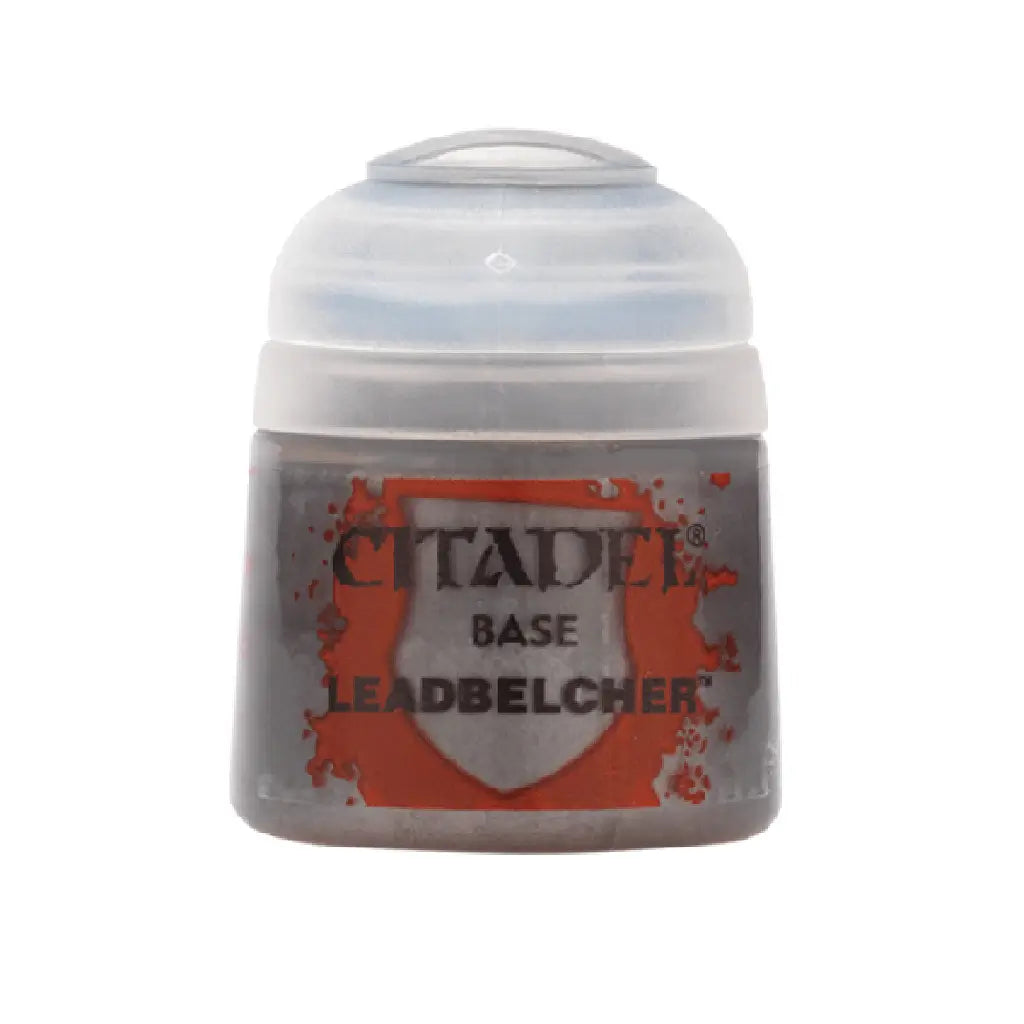 Citadel Leadbelcher base paint in a dark metallic gray plastic pot with a clear flip-top lid, small cylindrical form for acrylic miniature painting, photographed isolated on a clean white background.