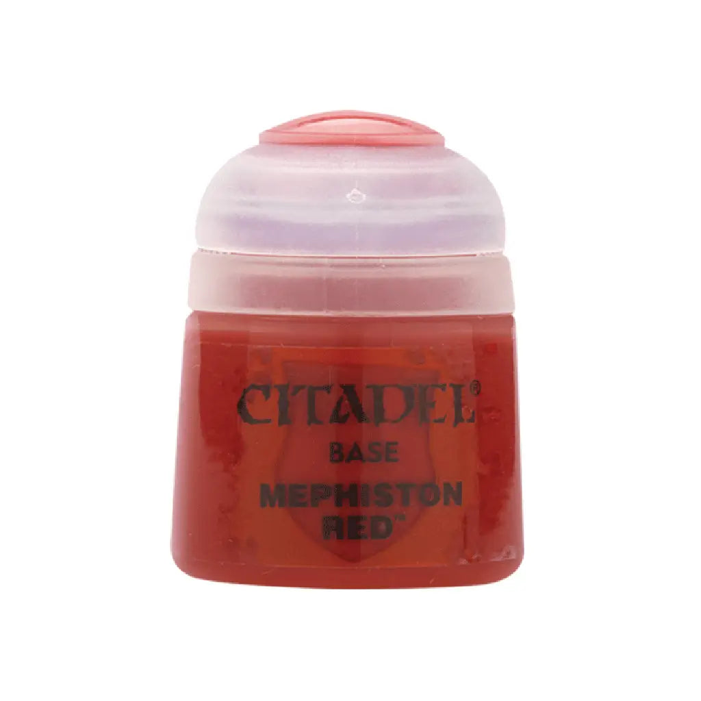 Citadel Mephiston Red base paint in bold deep red liquid inside a smooth plastic pot with a clear flip-top lid, small cylindrical form for acrylic miniature basecoating and solid color coverage.